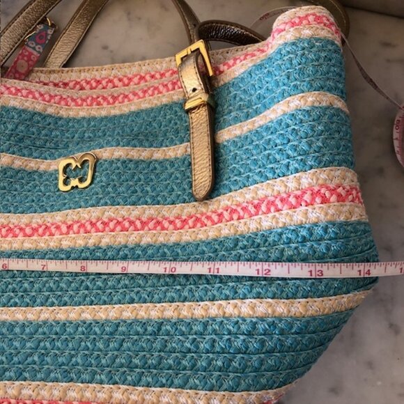 ERIC JAVITS Straw Shoulder Purse Turquoise Pink Zip Top - Picture 12 of 16